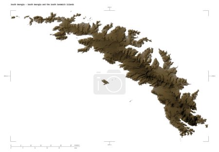 Photo for Shape of a elevation map colored in sepia tones with lakes and rivers of the South Georgia - South Georgia and the South Sandwich Islands, with distance scale and map border coordinates, isolated on white - Royalty Free Image
