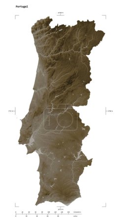 Téléchargez les photos : Forme d'une carte d'altitude colorée dans des tons sépia avec des lacs et des rivières du Portugal, avec échelle de distance et coordonnées de frontière de carte, isolé sur blanc - en image libre de droit