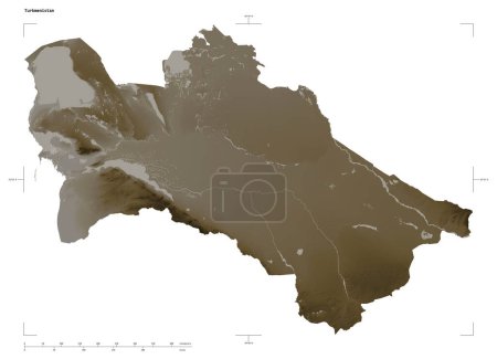 Photo for Shape of a elevation map colored in sepia tones with lakes and rivers of the Turkmenistan, with distance scale and map border coordinates, isolated on white - Royalty Free Image