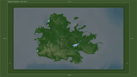 Téléchargez les photos : Antigua-et-Barbuda mis en évidence sur une carte d'altitude de couleur pâle avec des lacs et des rivières carte avec le point de la capitale du pays, grille cartographique, échelle de distance et coordonnées de la frontière carte - en image libre de droit