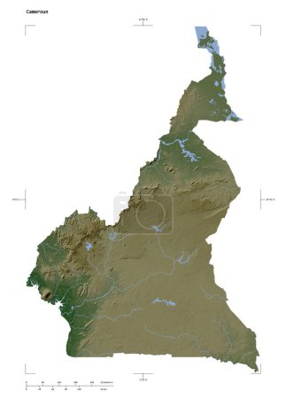Téléchargez les photos : Forme d'une carte d'altitude de couleur pâle avec lacs et rivières du Cameroun, avec échelle de distance et coordonnées de frontière de carte, isolé sur blanc - en image libre de droit