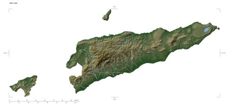 Téléchargez les photos : Forme d'une carte d'altitude de couleur pâle avec lacs et rivières du Timor oriental, avec échelle de distance et coordonnées de frontière de carte, isolé sur blanc - en image libre de droit
