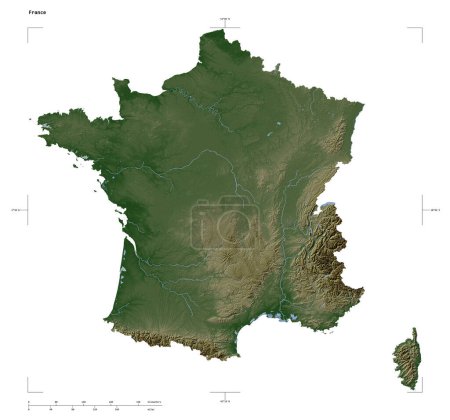 Shape of a Pale colored elevation map with lakes and rivers of the France, with distance scale and map border coordinates, isolated on white
