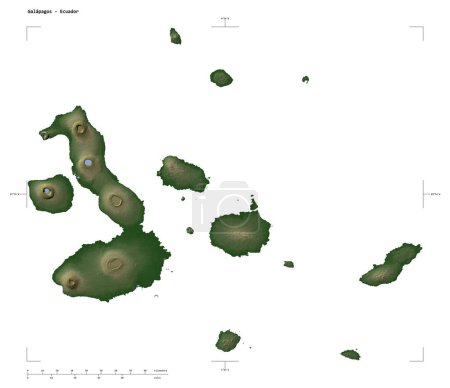 Foto de Forma de un mapa de elevación de color pálido con lagos y ríos de las Galápagos - Ecuador, con escala de distancia y coordenadas del borde del mapa, aislado en blanco - Imagen libre de derechos