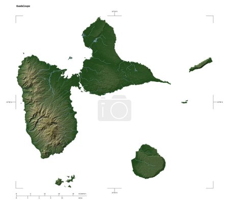 Téléchargez les photos : Forme d'une carte d'altitude de couleur pâle avec lacs et rivières de la Guadeloupe, avec échelle de distance et coordonnées de frontière de carte, isolé sur blanc - en image libre de droit