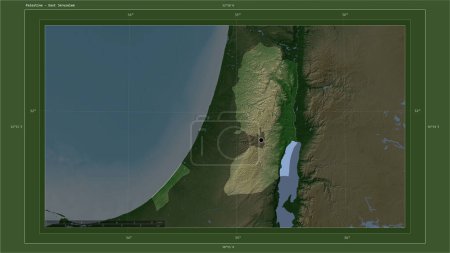 Téléchargez les photos : Palestine surlignée sur une carte d'altitude de couleur pâle avec carte des lacs et rivières avec le point de la capitale du pays, grille cartographique, échelle de distance et coordonnées de la frontière de la carte - en image libre de droit