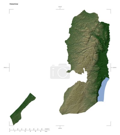 Téléchargez les photos : Forme d'une carte d'altitude de couleur pâle avec lacs et rivières de la Palestine, avec échelle de distance et coordonnées de frontière de carte, isolé sur blanc - en image libre de droit