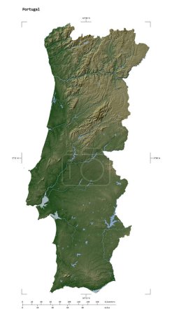 Téléchargez les photos : Forme d'une carte d'altitude de couleur pâle avec lacs et rivières du Portugal, avec échelle de distance et coordonnées de frontière de carte, isolé sur blanc - en image libre de droit