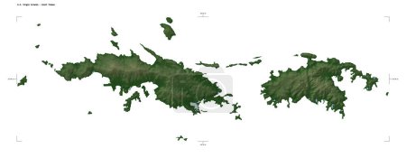 Foto de Forma de un mapa de elevación de color pálido con lagos y ríos de las Islas Vírgenes de los Estados Unidos Santo Tomás, con escala de distancia y coordenadas del borde del mapa, aislado en blanco - Imagen libre de derechos