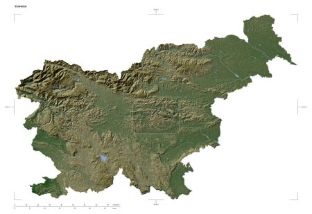 Téléchargez les photos : Forme d'une carte d'altitude de couleur pâle avec lacs et rivières de Slovénie, avec échelle de distance et coordonnées de frontière de carte, isolé sur blanc - en image libre de droit