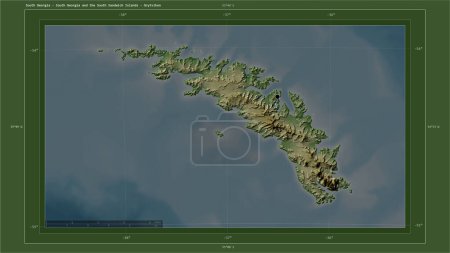 Photo for South Georgia - South Georgia and the South Sandwich Islands highlighted on a Pale colored elevation map with lakes and rivers map with the country's capital point, cartographic grid, distance scale and map border coordinates - Royalty Free Image