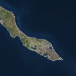 Curacao outlined on a low resolution satellite map
