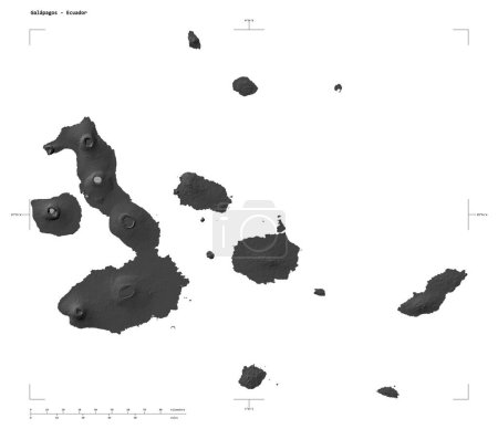 Foto de Forma de un mapa de elevación de Bilevel con lagos y ríos de Galápagos - Ecuador, con escala de distancia y coordenadas de frontera de mapa, aislado en blanco - Imagen libre de derechos