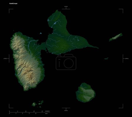 Téléchargez les photos : Forme d'une carte d'altitude colorée avec lacs et rivières de la Guadeloupe, avec échelle de distance et coordonnées de frontière de carte, isolé sur noir - en image libre de droit