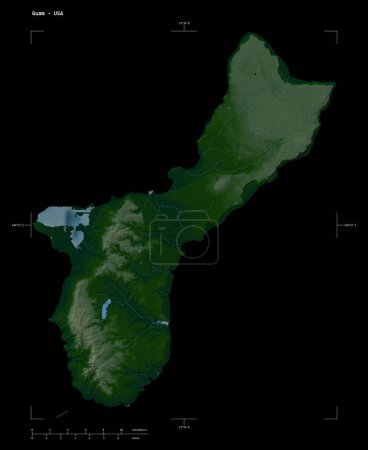Shape of a Colored elevation map with lakes and rivers of the Guam - USA, with distance scale and map border coordinates, isolated on black