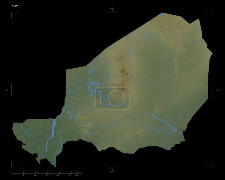 Foto de Forma de un mapa de elevación de color con lagos y ríos del Níger, con coordenadas de frontera de escala y mapa de distancia, aislado en negro - Imagen libre de derechos
