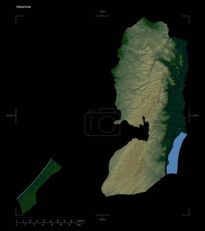 Téléchargez les photos : Forme d'une carte d'altitude colorée avec les lacs et les rivières de la Palestine, avec l'échelle de distance et les coordonnées de frontière de carte, isolé sur noir - en image libre de droit