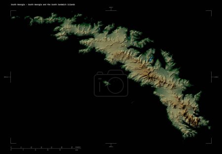 Foto de Forma de un mapa de elevación de color con lagos y ríos de Georgia del Sur - Georgia del Sur y las Islas Sandwich del Sur, con escala de distancia y coordenadas de frontera de mapa, aislado en negro - Imagen libre de derechos
