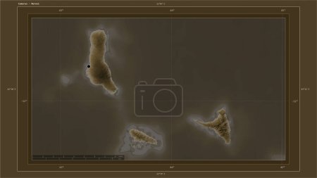 Photo for Comoros highlighted on a elevation map colored in sepia tones with lakes and rivers map with the country's capital point, cartographic grid, distance scale and map border coordinates - Royalty Free Image