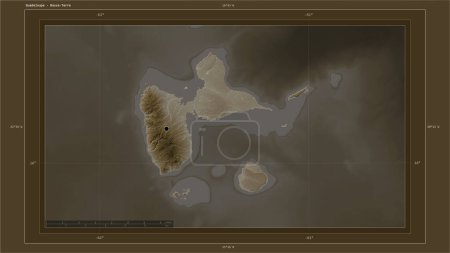 Photo for Guadeloupe highlighted on a elevation map colored in sepia tones with lakes and rivers map with the country's capital point, cartographic grid, distance scale and map border coordinates - Royalty Free Image