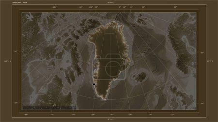 Foto de Groenlandia destaca en un mapa de elevación coloreado en tonos sepia con lagos y ríos mapa con el punto capital del país, cuadrícula cartográfica, escala de distancia y coordenadas de frontera mapa - Imagen libre de derechos
