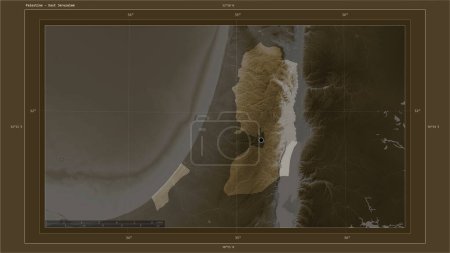 Téléchargez les photos : Palestine surlignée sur une carte d'altitude colorée dans des tons sépia avec des lacs et des rivières carte avec le point de la capitale du pays, grille cartographique, échelle de distance et coordonnées de la frontière carte - en image libre de droit