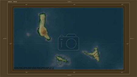 Photo for Comoros highlighted on a Colored elevation map with lakes and rivers map with the country's capital point, cartographic grid, distance scale and map border coordinates - Royalty Free Image