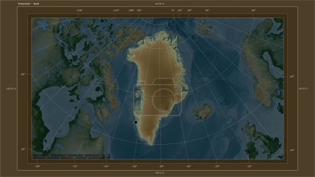 Foto de Groenlandia destaca en un mapa de elevación de colores con lagos y ríos mapa con el punto capital del país, la cuadrícula cartográfica, la escala de distancia y las coordenadas fronterizas mapa - Imagen libre de derechos