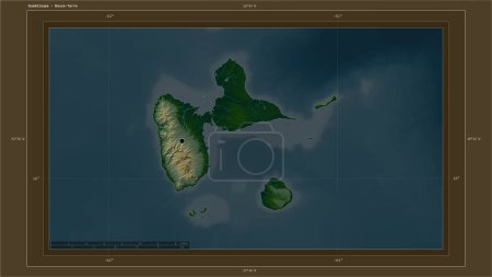 Téléchargez les photos : Guadeloupe surlignée sur une carte d'altitude colorée avec des lacs et des rivières carte avec le point de la capitale du pays, grille cartographique, échelle de distance et coordonnées de la frontière carte - en image libre de droit