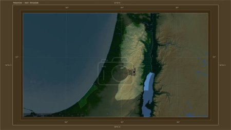 Téléchargez les photos : Palestine mise en évidence sur une carte d'altitude colorée avec des lacs et des rivières carte avec le point de la capitale du pays, grille cartographique, échelle de distance et coordonnées de la frontière carte - en image libre de droit