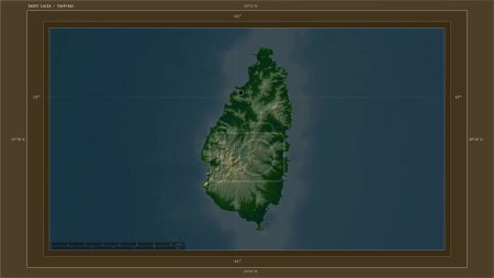 Photo for Saint Lucia highlighted on a Colored elevation map with lakes and rivers map with the country's capital point, cartographic grid, distance scale and map border coordinates - Royalty Free Image