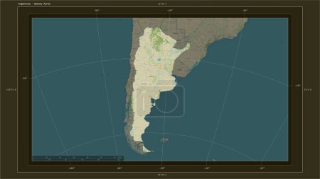 Photo for Argentina highlighted on a topographic, OSM Humanitarian style map map with the country's capital point, cartographic grid, distance scale and map border coordinates - Royalty Free Image