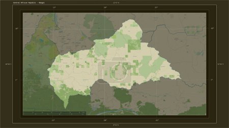 Photo for Central African Republic highlighted on a topographic, OSM Humanitarian style map map with the country's capital point, cartographic grid, distance scale and map border coordinates - Royalty Free Image