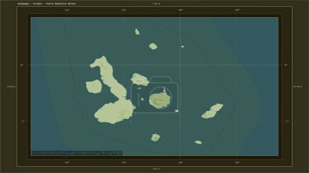 Foto de Galápagos - Ecuador destacado en un mapa topográfico de estilo humanitario OSM con el punto capital del país, cuadrícula cartográfica, escala de distancia y coordenadas fronterizas de mapa - Imagen libre de derechos