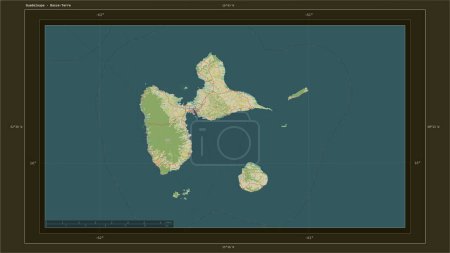 Téléchargez les photos : Guadeloupe mise en évidence sur une carte topographique de style humanitaire de l'OSM avec le point capitale du pays, la grille cartographique, l'échelle de distance et les coordonnées de la frontière cartographique - en image libre de droit