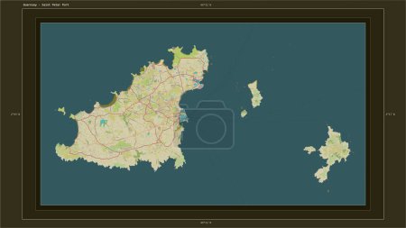 Photo for Guernsey highlighted on a topographic, OSM Humanitarian style map map with the country's capital point, cartographic grid, distance scale and map border coordinates - Royalty Free Image