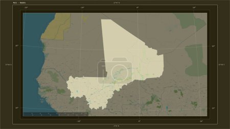 Photo for Mali highlighted on a topographic, OSM Humanitarian style map map with the country's capital point, cartographic grid, distance scale and map border coordinates - Royalty Free Image