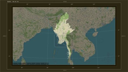 Photo for Myanmar highlighted on a topographic, OSM Humanitarian style map map with the country's capital point, cartographic grid, distance scale and map border coordinates - Royalty Free Image