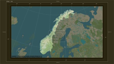 Foto de Noruega destaca en un mapa topográfico de estilo humanitario OSM con el punto capital del país, la cuadrícula cartográfica, la escala de distancia y las coordenadas fronterizas del mapa - Imagen libre de derechos