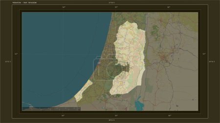 Téléchargez les photos : Palestine mise en évidence sur une carte topographique de style humanitaire de l'OSM avec le point capitale du pays, la grille cartographique, l'échelle de distance et les coordonnées de la frontière cartographique - en image libre de droit