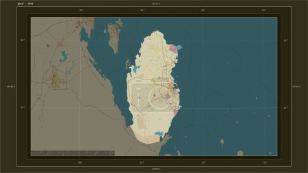 Photo for Qatar highlighted on a topographic, OSM Humanitarian style map map with the country's capital point, cartographic grid, distance scale and map border coordinates - Royalty Free Image