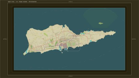 Téléchargez les photos : Sainte Croix - Îles Vierges américaines surlignées sur une carte topographique de style humanitaire de l'OSM avec le point capitale du pays, la grille cartographique, l'échelle de distance et les coordonnées de la frontière cartographique - en image libre de droit