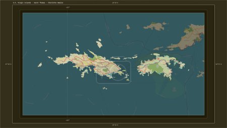 Foto de Islas Vírgenes de los Estados Unidos: Santo Tomás destaca en un mapa topográfico de estilo humanitario OSM con el punto capital del país, la cuadrícula cartográfica, la escala de distancia y las coordenadas fronterizas del mapa - Imagen libre de derechos