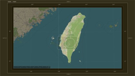 Photo for Taiwan highlighted on a topographic, OSM Humanitarian style map map with the country's capital point, cartographic grid, distance scale and map border coordinates - Royalty Free Image