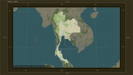 Thailand highlighted on a topographic, OSM Humanitarian style map map with the country's capital point, cartographic grid, distance scale and map border coordinates