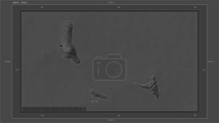 Photo for Comoros highlighted on a Bilevel elevation map with lakes and rivers map with the country's capital point, cartographic grid, distance scale and map border coordinates - Royalty Free Image