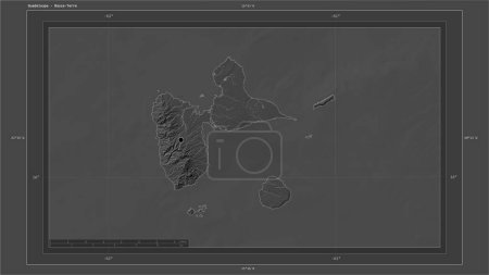 Téléchargez les photos : Guadeloupe mise en évidence sur une carte d'altitude de Bilevel avec carte des lacs et rivières avec le point capitale du pays, grille cartographique, échelle de distance et coordonnées de la frontière carte - en image libre de droit