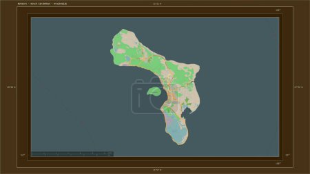 Téléchargez les photos : Bonaire - Caraïbes néerlandaises surlignées sur une carte topographique de style OSM France avec le point capitale du pays, la grille cartographique, l'échelle de distance et les coordonnées de la frontière cartographique - en image libre de droit