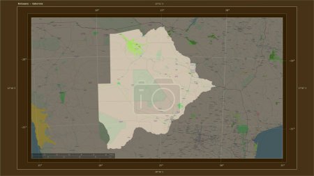 Photo for Botswana highlighted on a topographic, OSM France style map map with the country's capital point, cartographic grid, distance scale and map border coordinates - Royalty Free Image