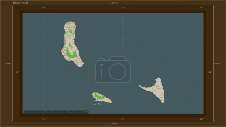 Photo for Comoros highlighted on a topographic, OSM France style map map with the country's capital point, cartographic grid, distance scale and map border coordinates - Royalty Free Image